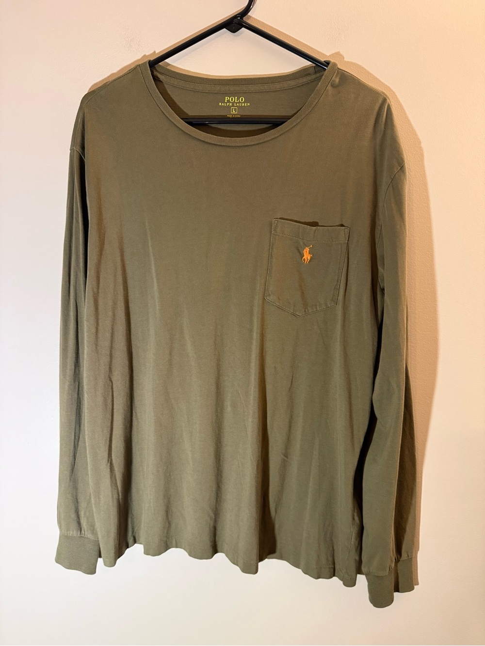 Polo Ralph Lauren Olive Green Long-Sleeve Pocket Tee with Orange Pony L